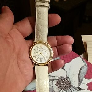 Preowned Guess Watch with white leather strap
